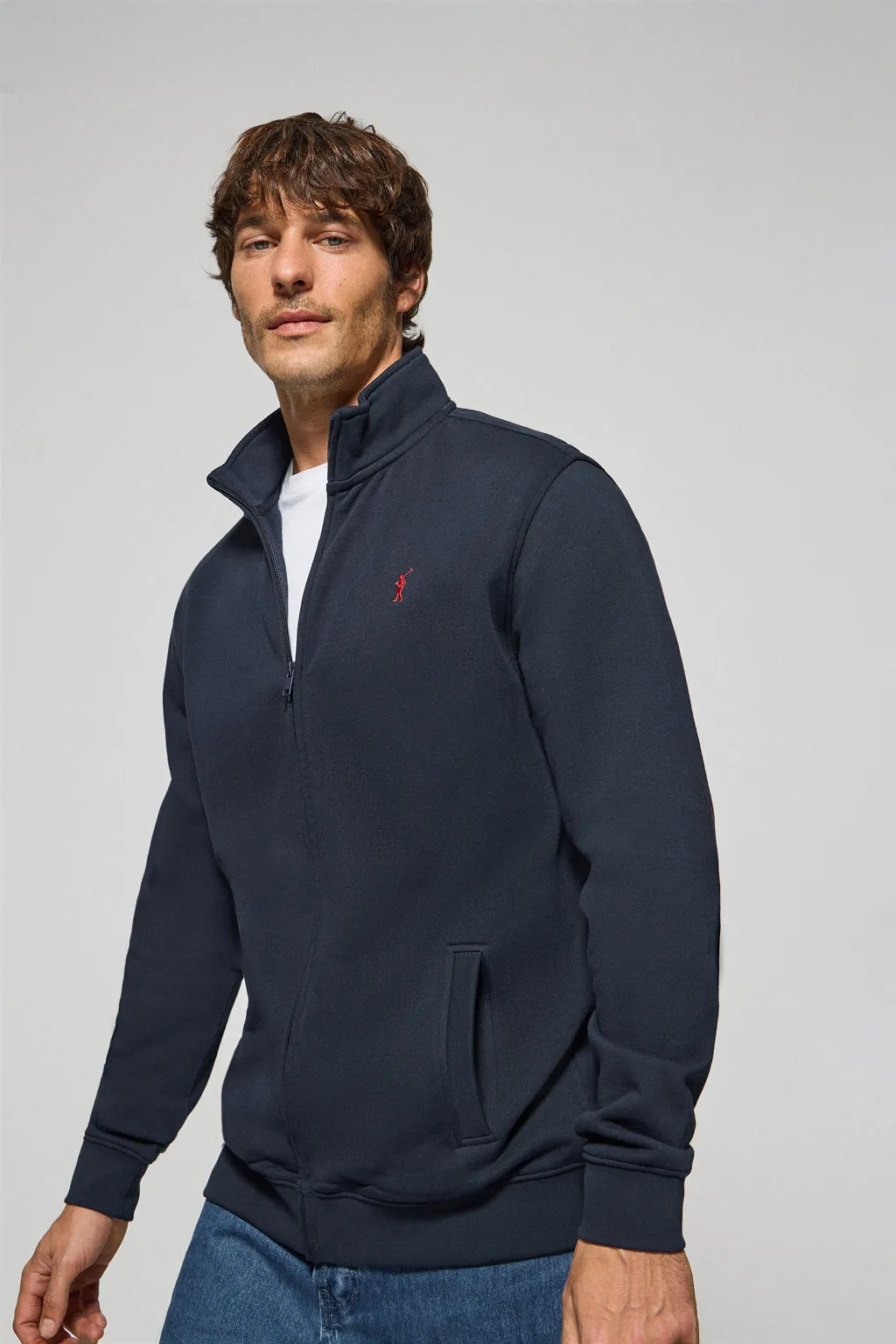 Sudadera con cremallera de cuello elevado azul marino con logo Rigby Go