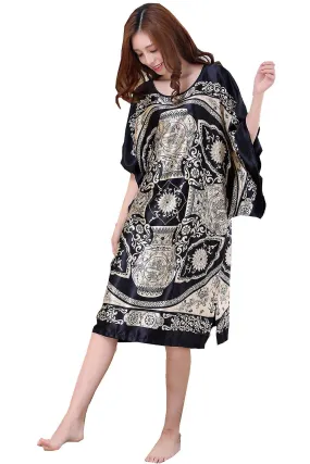 Summer Women's Faux Silk Nigh Robe Black Lady Bath Gown Nightgown Bathrobe Sleepwear Mujer Pijama Flower Zh07C