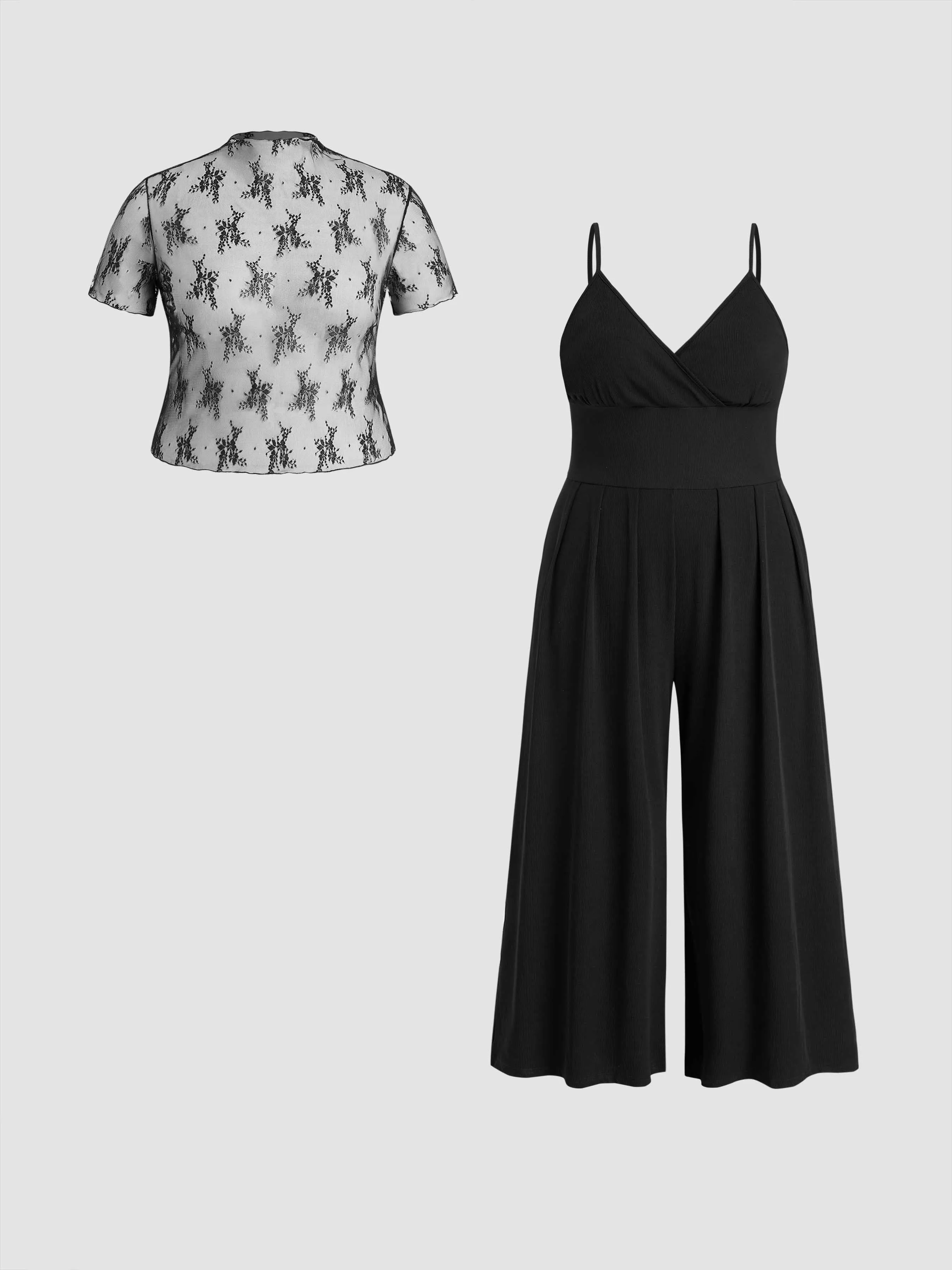 Top de encaje transparente y Mono de pierna ancha con cuello en V Curvy