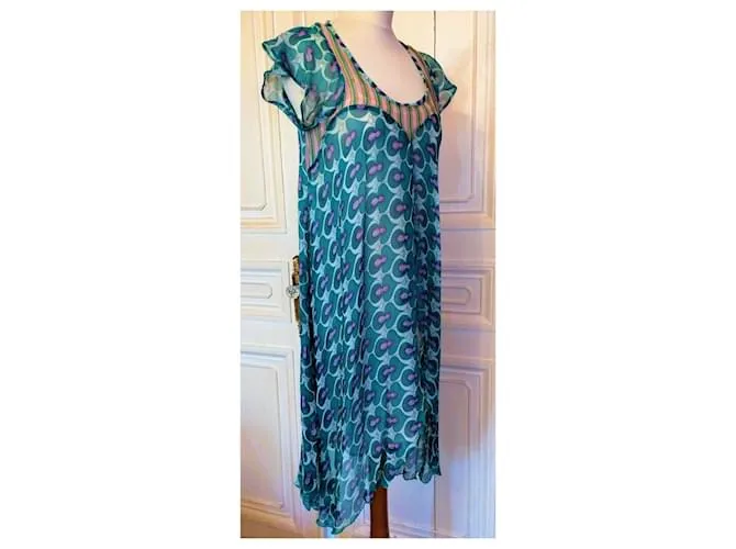 VESTIDO ANTIK BATIK VESTIDO FOLK DELICE forrado SARTENES DE SEDA NOCHE TS O T 36/38 Azul claro 